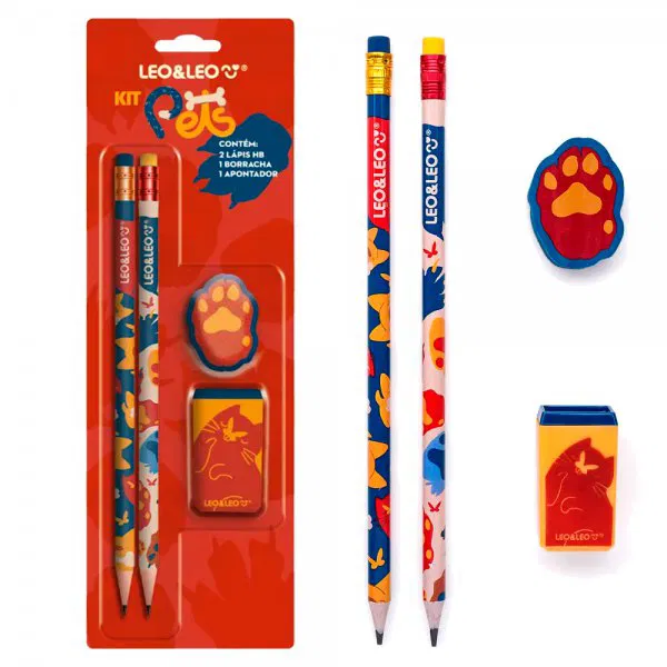 LAPIS LEONORA PETS 2 LÁPIS + APONTADOR + BORRACHA CARTELA C/4