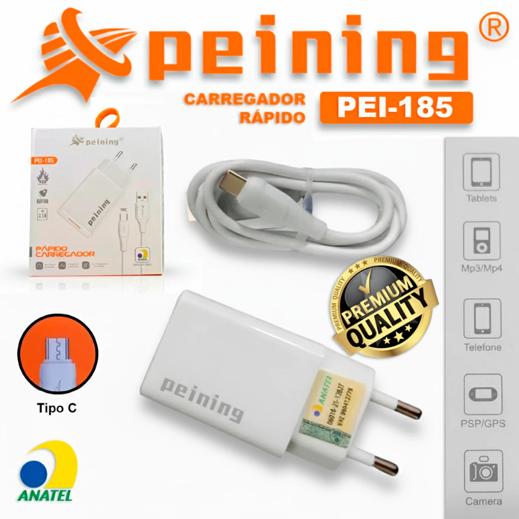 Carregador Rapido Peining PEI-185 USB V8 Tipo-C 20W/3.1A Bivolt Com Protecao Compacto Portatil Celulares Android Anatel