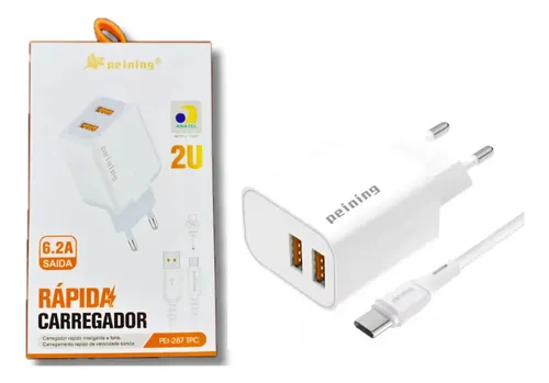 Carregador turbo 6.A COM 2 ENTRADA DE USB PEI 216 + CABO TIPO C